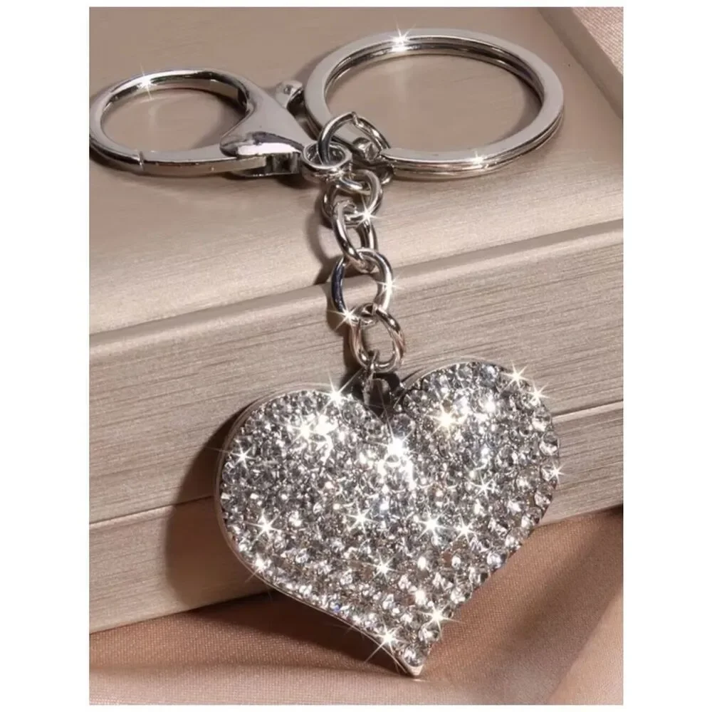 NWT Rhinestone Studded Double-Sided Heart Keychain Purse Backpack Fob
